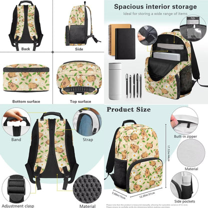 Cute Capybara Pizza Backpack for Girls, 5 Pcs Boys School Bag Set for Kids, 17 Inch Backpacks Lunch Pencil Box Reusable Utensils Case Set for Middle Elementary School, 3rd Grade Backpack