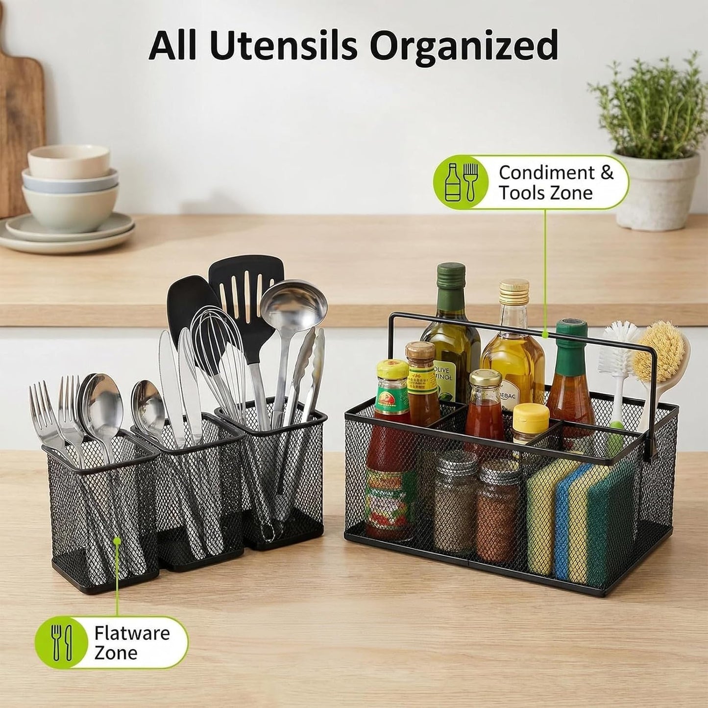 Neudeco Utensil Holder Set of 3, Black | Silverware Caddy, Portable Cutlery Storage & Paper Plate Organizer, Metal Mesh, Adjustable Dividers