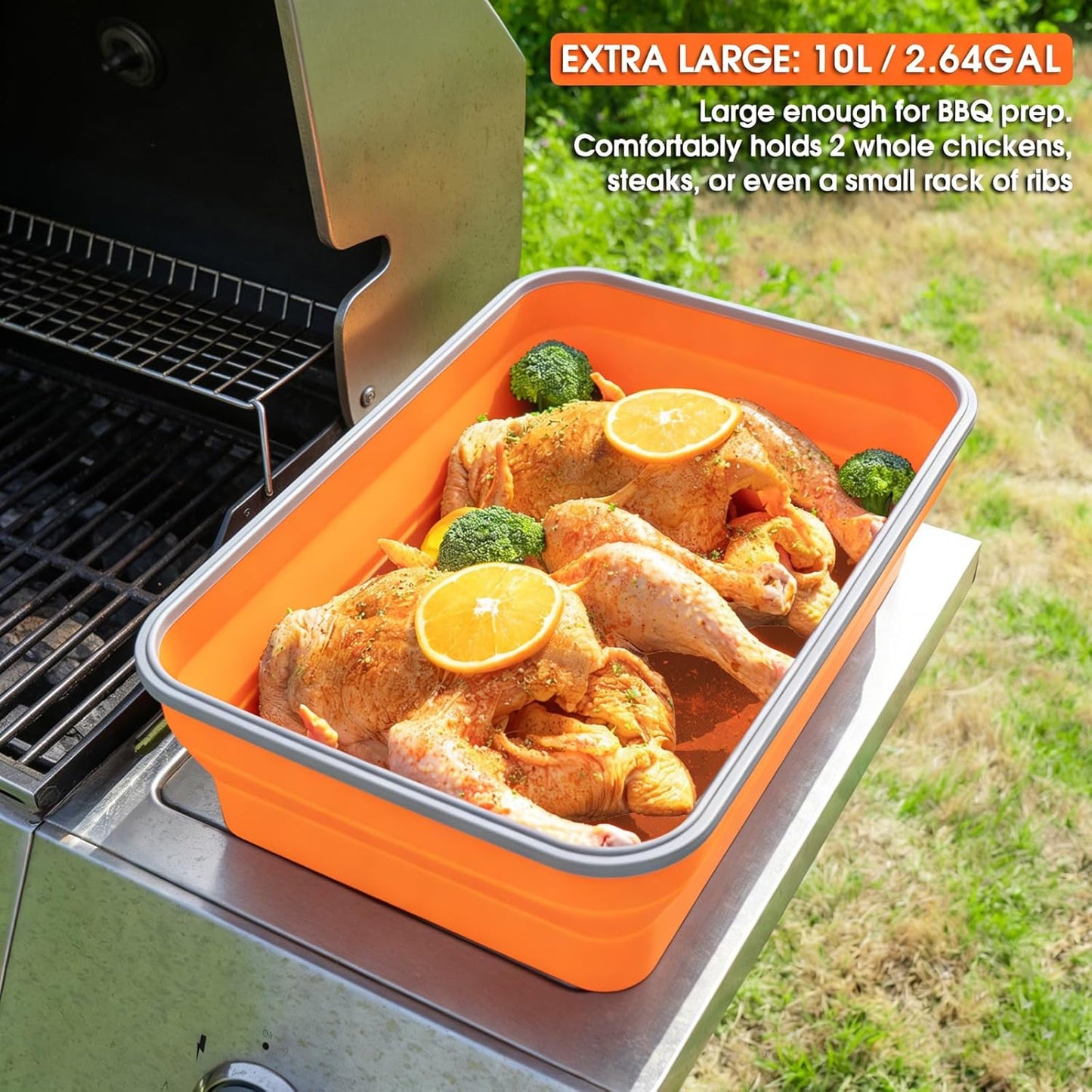 Silicone Collapsible Marinating Container with Lid for Meat, 2.64Gal/10L, Extra Large Collapsible BBQ Prep Tub, Transparent Locking Lid, XL Grill Prep Trays and Carry System, BBQ Must-Have, Black