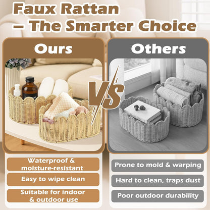 Rattan Picnic Basket with Handle, Wicker Picnic Basket with Scalloped Edge, Garden Harvest Basket, Woven Baskets for Vegetable & Fruit, 2 Pack