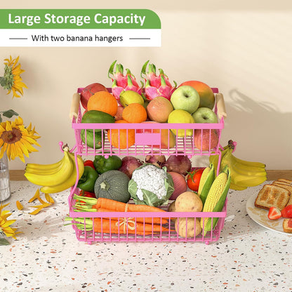 2 Tier Fruit Basket for Kitchen Counter with 2 Banana Hangers, Countertop Metal Bread Basket with Wooden Handle, Large Storage Stand for Vegetables, Snacks, Eggs, Produce Storage – Black