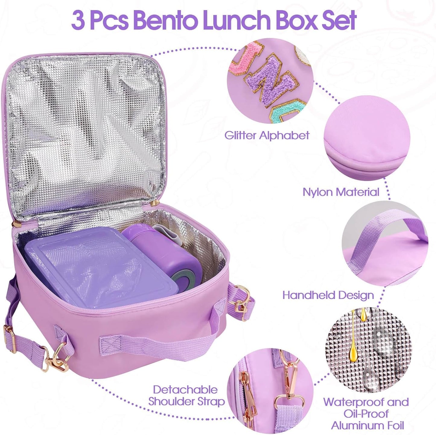 Insulated Lunch Bag for Boys Girls with 10oz Thermo, with 6 Compartment Bento Box, Black Nylon Preppy Lunch Box Adjustable Strap for Boy Girl Kids Teens School Travel Picnic