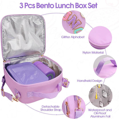 Insulated Lunch Bag for Boys Girls with 10oz Thermo, with 6 Compartment Bento Box, Black Nylon Preppy Lunch Box Adjustable Strap for Boy Girl Kids Teens School Travel Picnic