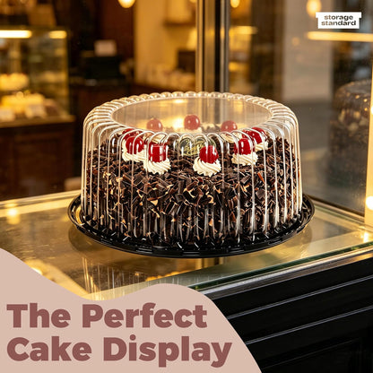 6-Pack Cake Carrier Holder Container for 10 Inch Round Cakes - Plastic Disposable Cake Containers, Take Out Storage w/Clear Dome Lids, Black Base Serving Trays, White Cake Boards, 12 x 5 Inches