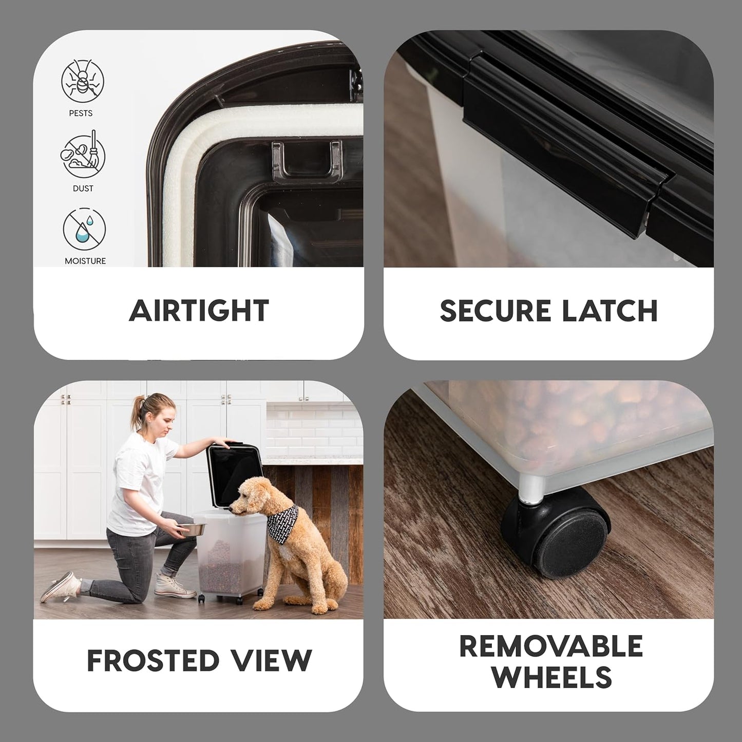 IRIS USA Airtight Dog Food Storage Container, WeatherPro, Up to 25 lbs, Removable Wheels, for Dog Cat Bird and Other Pet Food Storage Bin, Keep Fresh, Translucent Body, Made in USA, Clear/Black