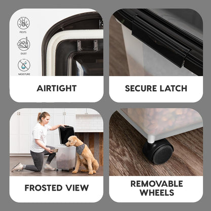 IRIS USA Airtight Dog Food Storage Container, WeatherPro, Up to 25 lbs, Removable Wheels, for Dog Cat Bird and Other Pet Food Storage Bin, Keep Fresh, Translucent Body, Made in USA, Clear/Black