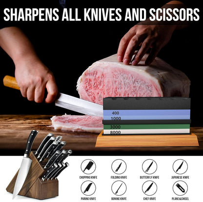 Whetstone Knife Sharpening Stone Set, Double-Sided Grit 400/1000 3000/8000