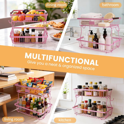 2-Tier Stackable Wire Basket with 2 Banana Hooks, Pantry Organizer for Kitchen Countertops, Cabinets & Under-Sink Spaces; Ideal for Storing Snacks, Fruits, Veggies, Onions, Potatoes, & More,Black