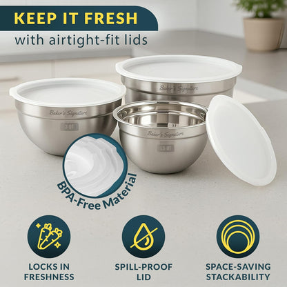 Baker's Signature Stainless Steel Mixing Bowls With Lid, Metal Mixing Bowl Set Of 5, Nesting Set For Food Prep, Baking,Storage, Cooking, Serving | Dishwasher Safe, 0.5/1.5/3/4/5 Qt
