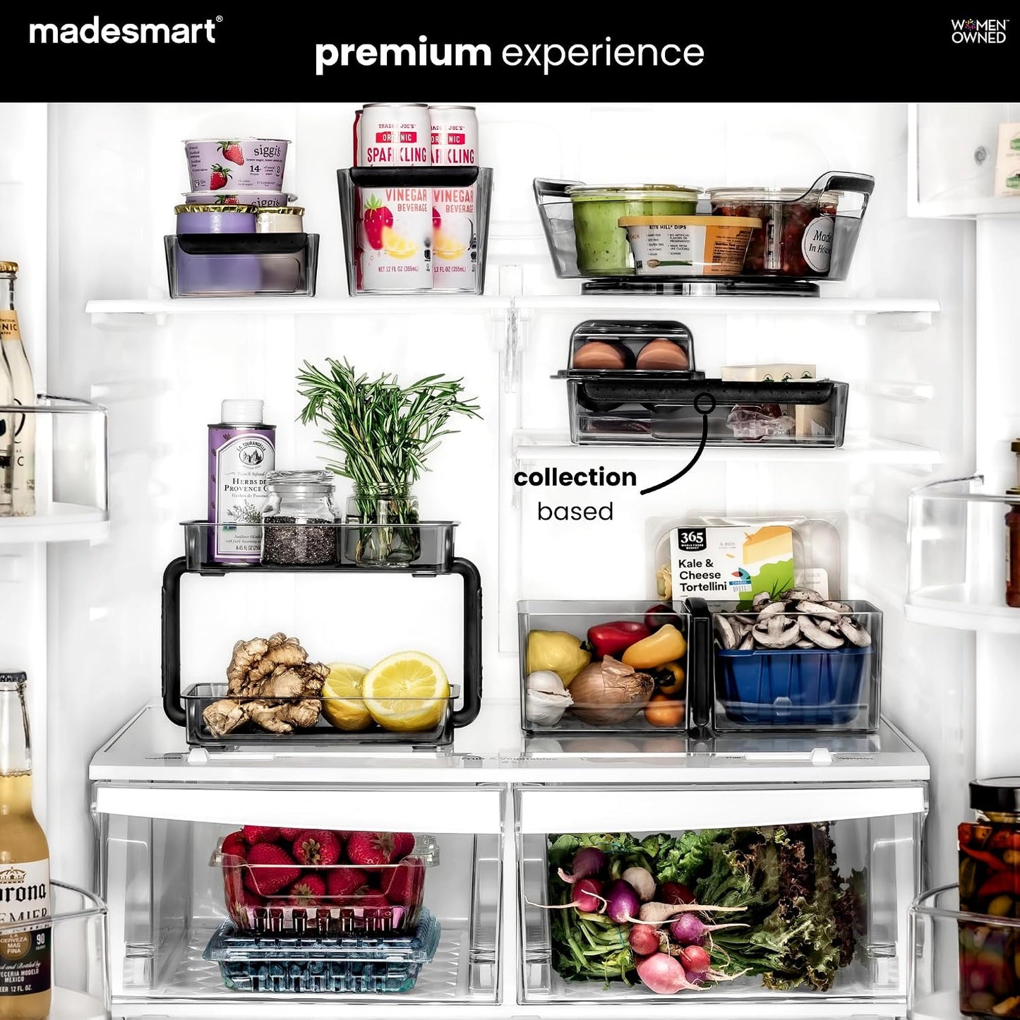 madesmart Fridge Portable Tote, Condiment Caddy with 2 Compartments, Pop-Up Handle & Non-Slip Base, Refrigerator Organizer for Sauces, Jars & Small Items, Clear