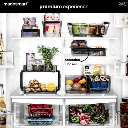 madesmart Fridge Portable Tote, Condiment Caddy with 2 Compartments, Pop-Up Handle & Non-Slip Base, Refrigerator Organizer for Sauces, Jars & Small Items, Clear