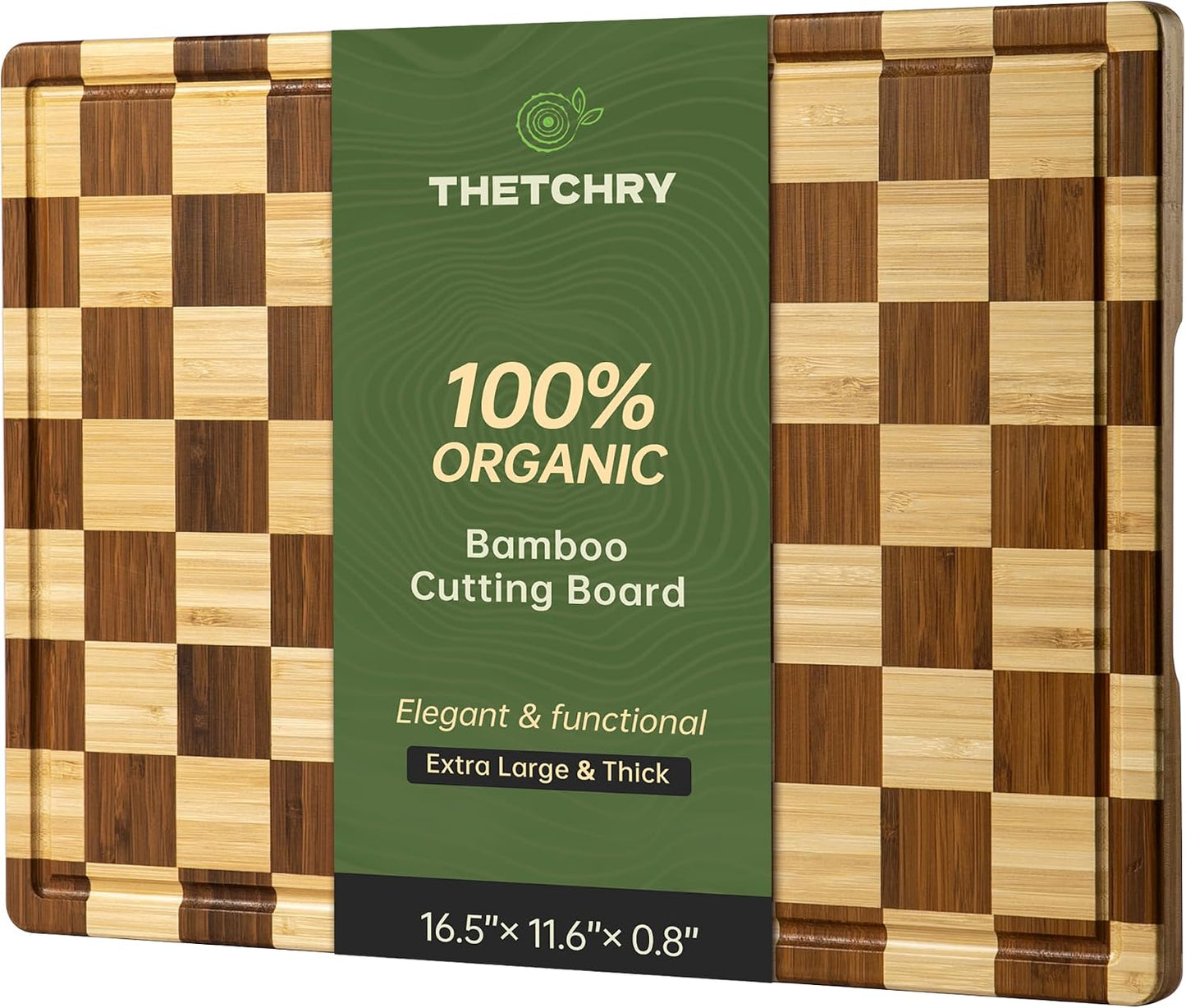THETCHRY Bamboo Cutting Board Set, Checkered Wood Cutting Boards for Kitchen with Juice Groove, Non Toxic Wooden Charcuterie Boards, Non Slip Chopping Board for Meat Fruit Cheese, Housewarming Gift