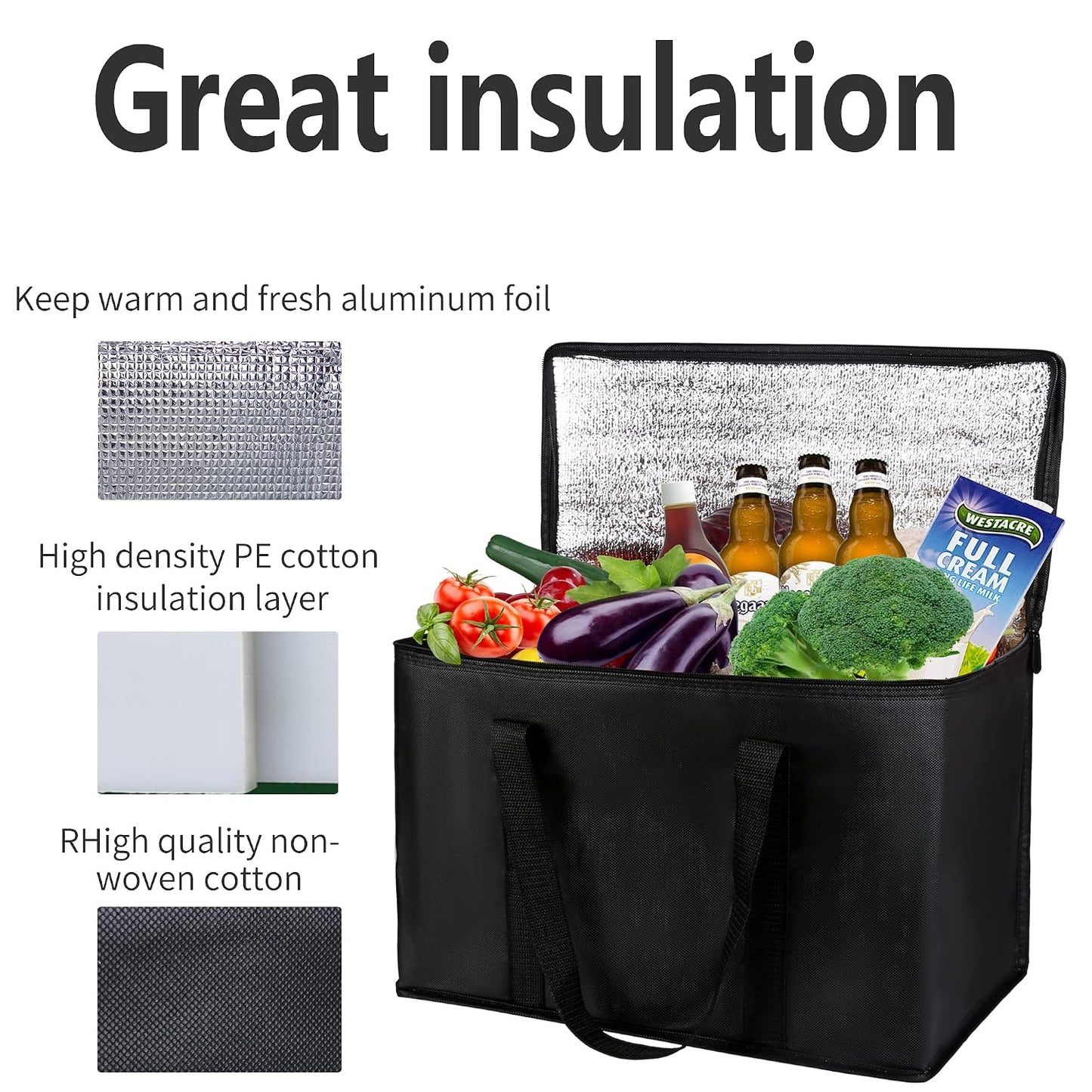 musbus 2-Pack, XL-Large Insulated Grocery Shopping Bags, Black, Reusable Bag,Thermal Zipper,Collapsible,Tote,Cooler,Food Transport hot and Cold,Camping
