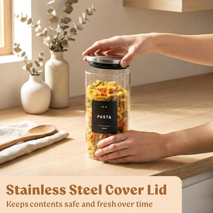 EDELHAUS 2x Large Glass Storage Containers with Airtight Black Lids [135oz/4000ml] | Extra Thick Glass Canisters for Pantry + 63 Labels | Flour Rice Cereal Sugar Coffee Beans Tea