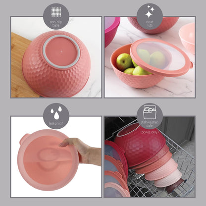 COOK WITH COLOR Mixing Bowls with Lids - 12 Piece Plastic Nesting Bowls Set includes 6 Prep Bowls and 6 Lids, Microwave Safe Mixing Bowl Set, Pink Embossed - Colors A