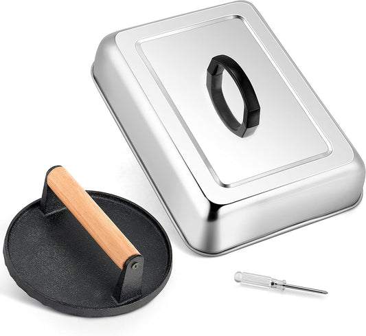 HaSteeL 13 x 9.75In Melting Dome & 8 x 4In Burger Press, Rectangular Basting Steam Cover with Bacon Press, Metal Griddle Accessories for Flat Top Teppanyaki Hibachi Grilling Cooking BBQ, Easy to Clean