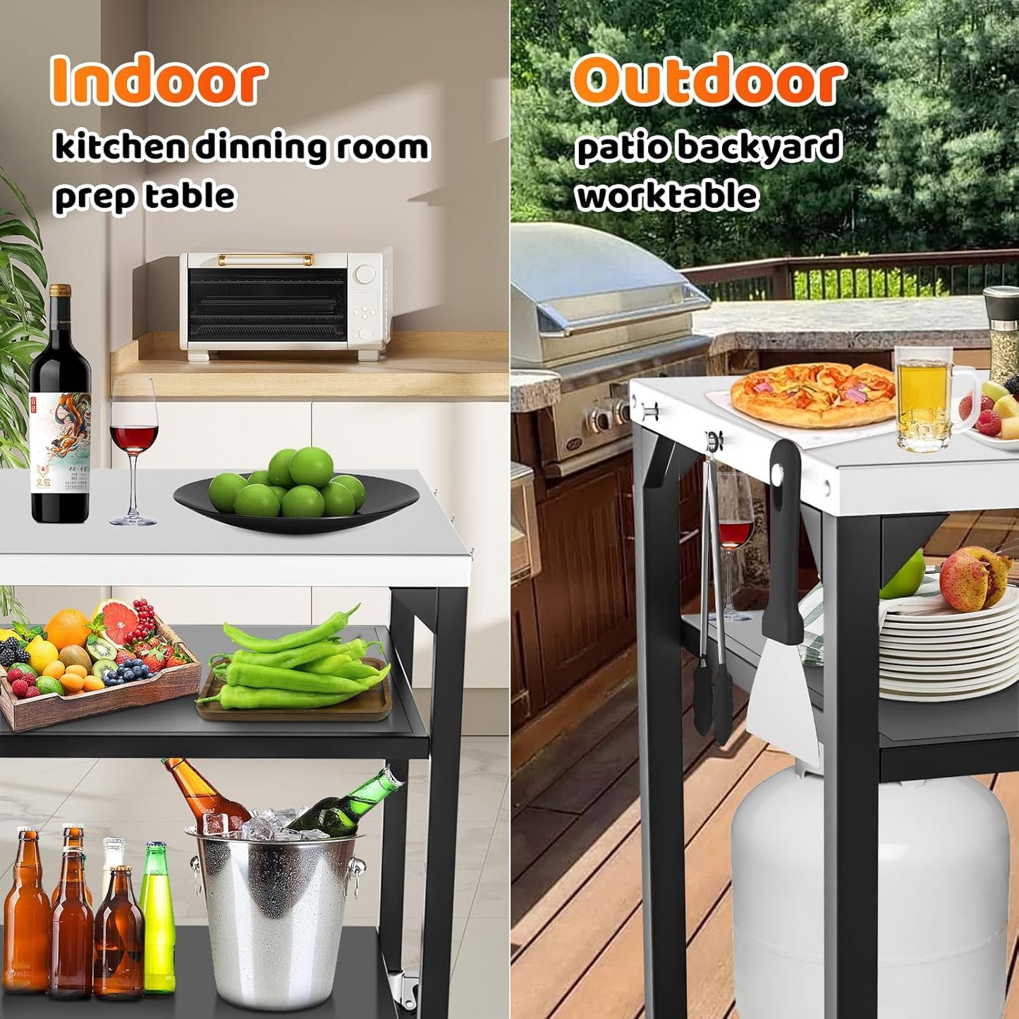 Upgraded Pizza Oven Cart Table for Ooni Koda/Karu/Fyra 16 & 12, Movable Thicken & Widen Rolling Kitchen Cart, Outdoor Grill Stand for Ninja Woodfire,Blackstone Griddle,Barbecue Tool Set