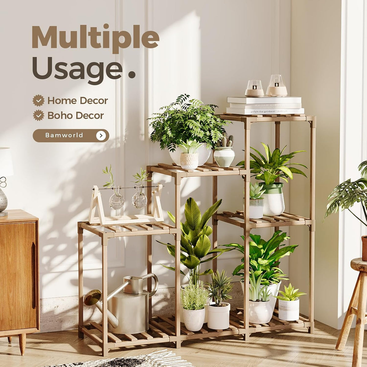 Bamworld Plant Stand Indoor Plant Shelf Outdoor Wood Plant Rack