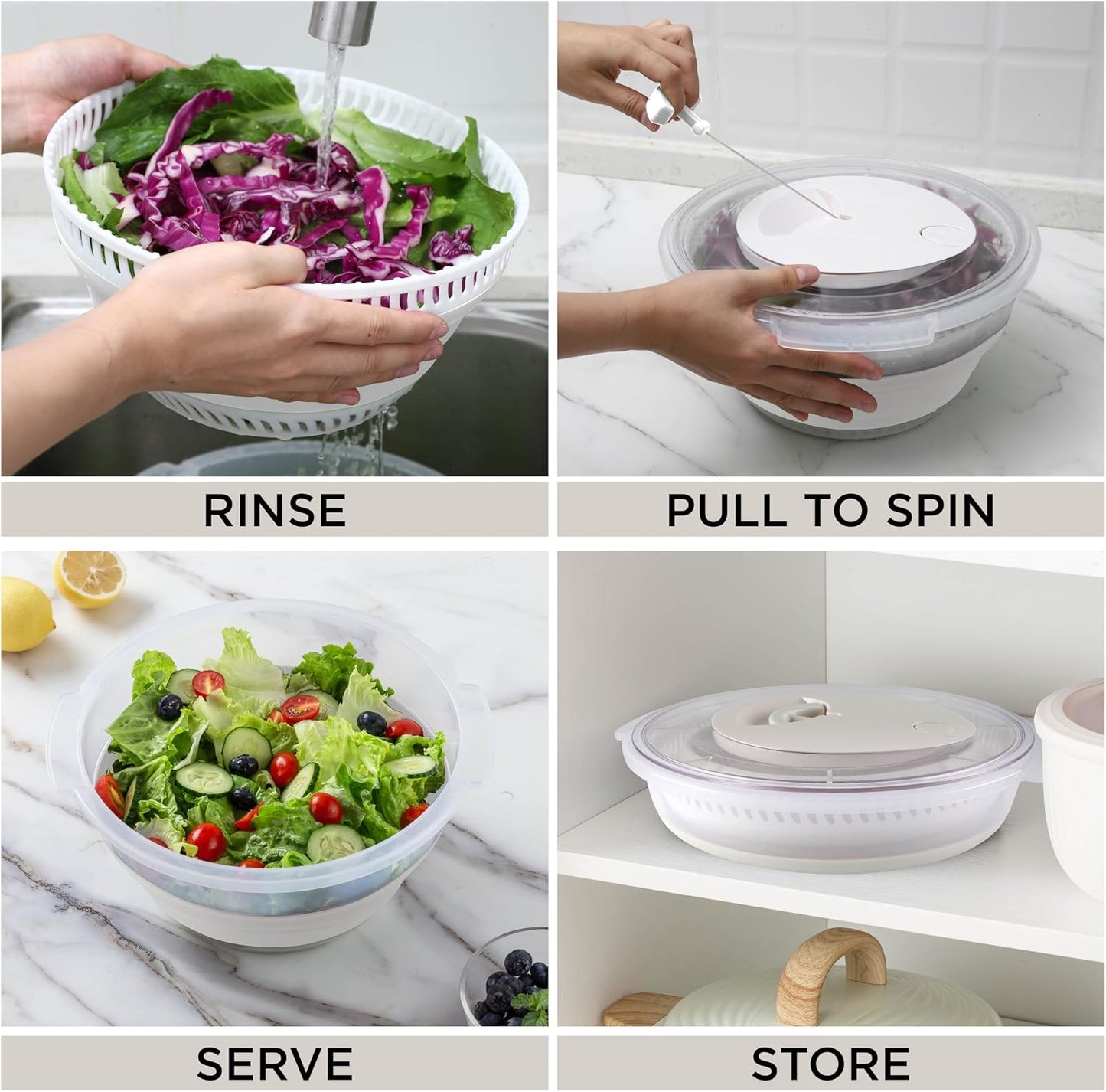 COOK WITH COLOR Collapsible Salad Spinner - 4 QT Space Saving Lettuce Dryer with Folding Collapsible Colander Great for Washing and Drying Fruit and Vegetables (Grey)