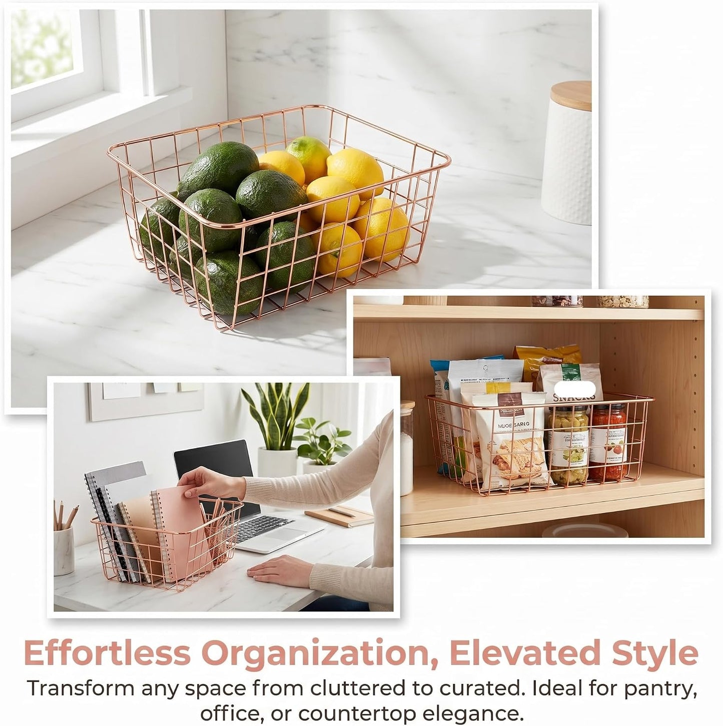 Jucoan 4 Pack Metal Wire Storage Baskets, Rose Gold Wire Baskets with Handles, Pantry Organizer Storage Bins for Kitchen, Freezer, Closet, Laundry Room, Cabinets