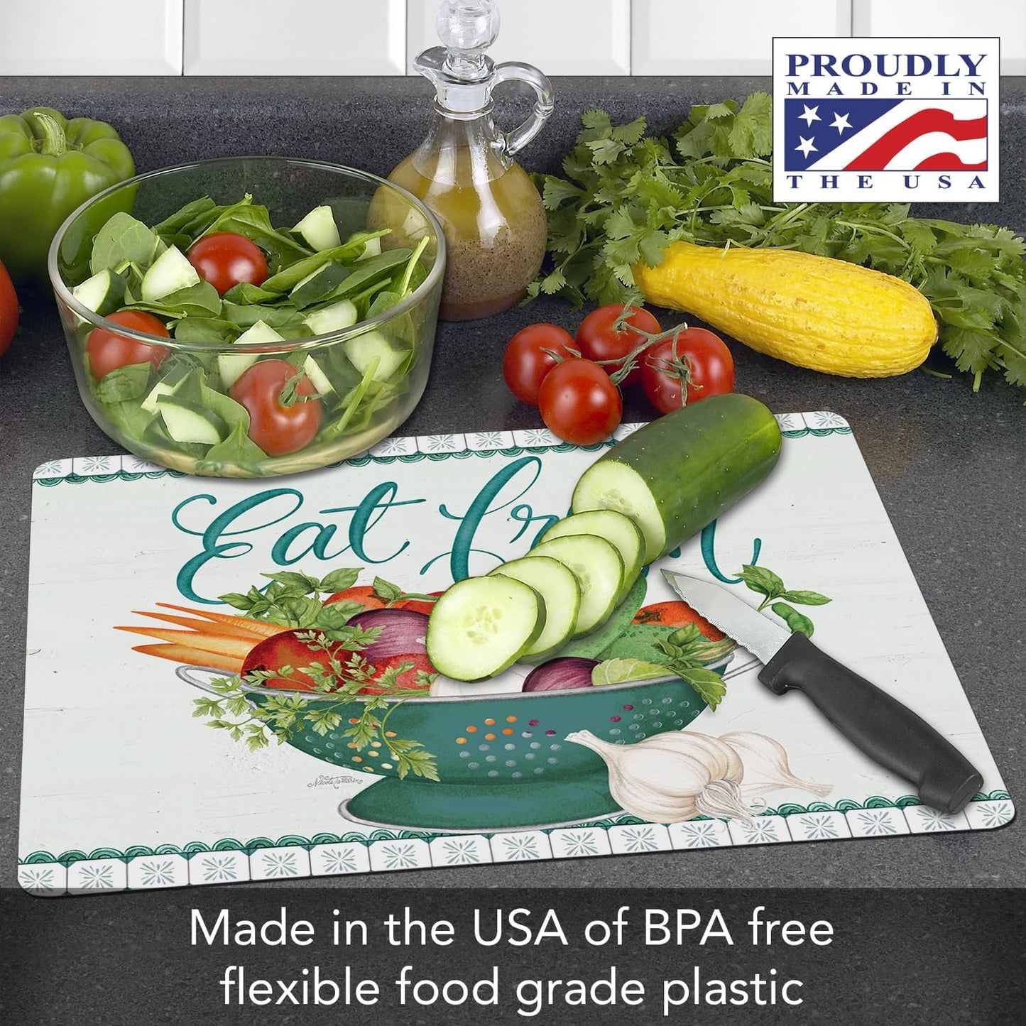Cut N' Funnel Eat Fresh Designer Flexible Cutting Board Mat 15" x 11.5" Made in the USA Decorative Flexible Easy to Clean