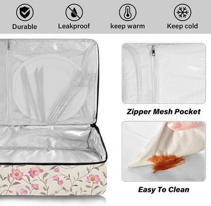 Casserole Carrier Insulated Floral Pink Flower Dish 9x13 with Lid Party Travel Warmer Bag for Hot or Cold Food Lasagna Pizza Holder Tote