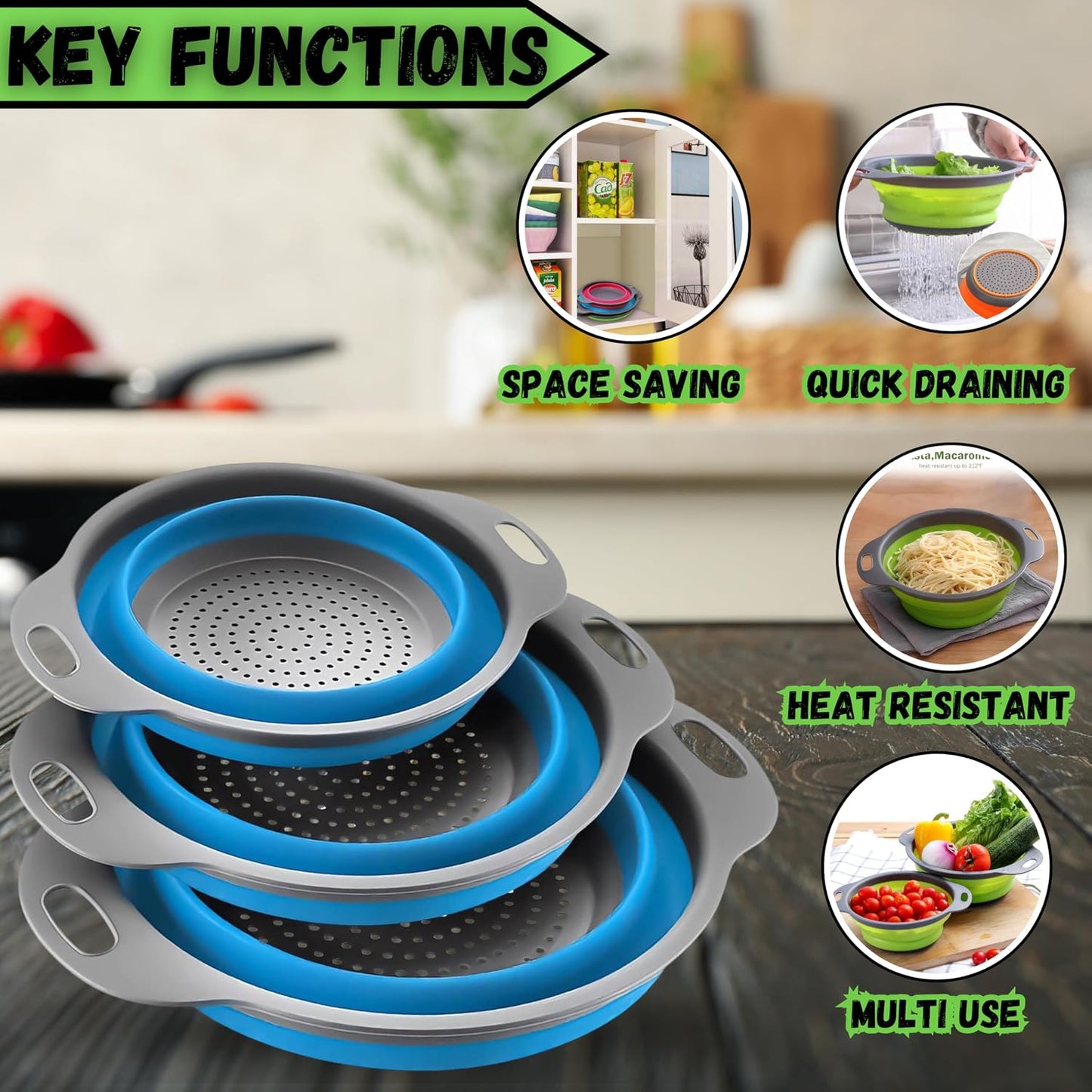 Collapsible Colander Set of 2, Foldable Silicone Pasta Strainer with Handles, 2 Pack Space Saving Kitchen Colander for Fruits,Space Saving Pasta Strainer Basket for Fruits & Vegetables