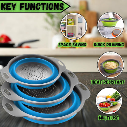 Collapsible Colander Set of 2, Foldable Silicone Pasta Strainer with Handles, 2 Pack Space Saving Kitchen Colander for Fruits,Space Saving Pasta Strainer Basket for Fruits & Vegetables