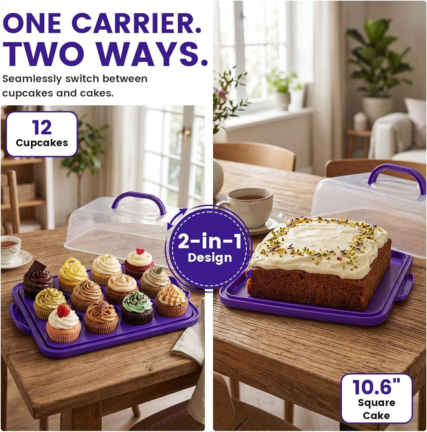 VGOODALL Cake Carrier with Lid and Handle, 12 Capacity Cupcake Carrier, 2-in-1 Rectangular Cupcake Holder for Pies Muffin Pizza Nuts Fruit, Dessert Storage Containers for Parties, Picnics, Baking