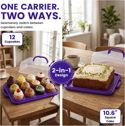 VGOODALL Cake Carrier with Lid and Handle, 12 Capacity Cupcake Carrier, 2-in-1 Rectangular Cupcake Holder for Pies Muffin Pizza Nuts Fruit, Dessert Storage Containers for Parties, Picnics, Baking