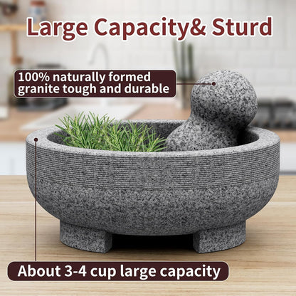 Large Mortar and Pestle Set- 4 Cup Unpolished Granite Bowl Heavy Duty Molcajete Mexicano Guacamole Pastes Pestos Salsa Bowl, Grind Seeds, Herbs, Pills, Kitchen Lab Muddler, Gray, 8 Inches