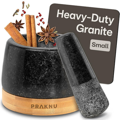 Praknu Mortar and Pestle Set Small - Heavy-Duty 1 Cup Stone Grinder for Spices & Herbs - Durable Granite Molcajete - Guacamole Bowl with Non-Slip Wooden Base - Effortless Grinding & Easy to Clean