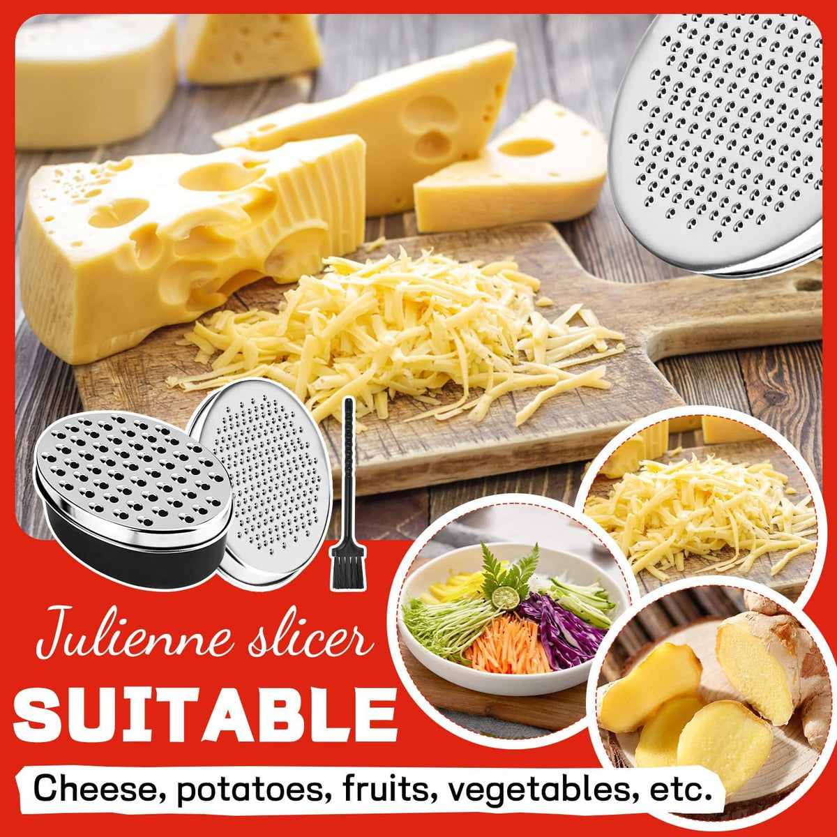 Cheese Grater with Container, Red Stainless Steel, Fine and Coarse Blades, Food Storage Box with Lid, for Parmesan, Cheddar, Ginger, Vegetables, Chocolate, Nutmeg