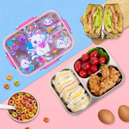 Stainless Steel Bento Lunch Box for Kids, 800ml/27oz BPA-Free Leak-Proof Food Containers with 3 Compartments, Freezer & Dishwasher Safe, Back to School Students Lunches Size for Ages 3-7