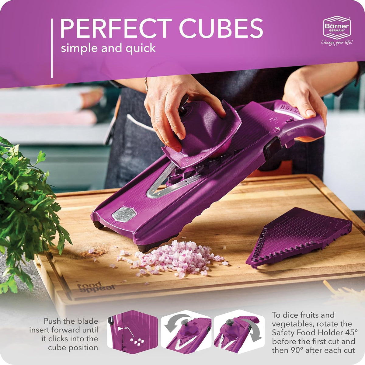 Mandoline Food Slicer Börner V5 (Profi Set) by Reston Lloyd • V-Slicer with 4 Inserts, Docking Station & Food Holder • Made in Germany • Fruit & Vegetable Chopper • Multiple Settings • Color: Purple
