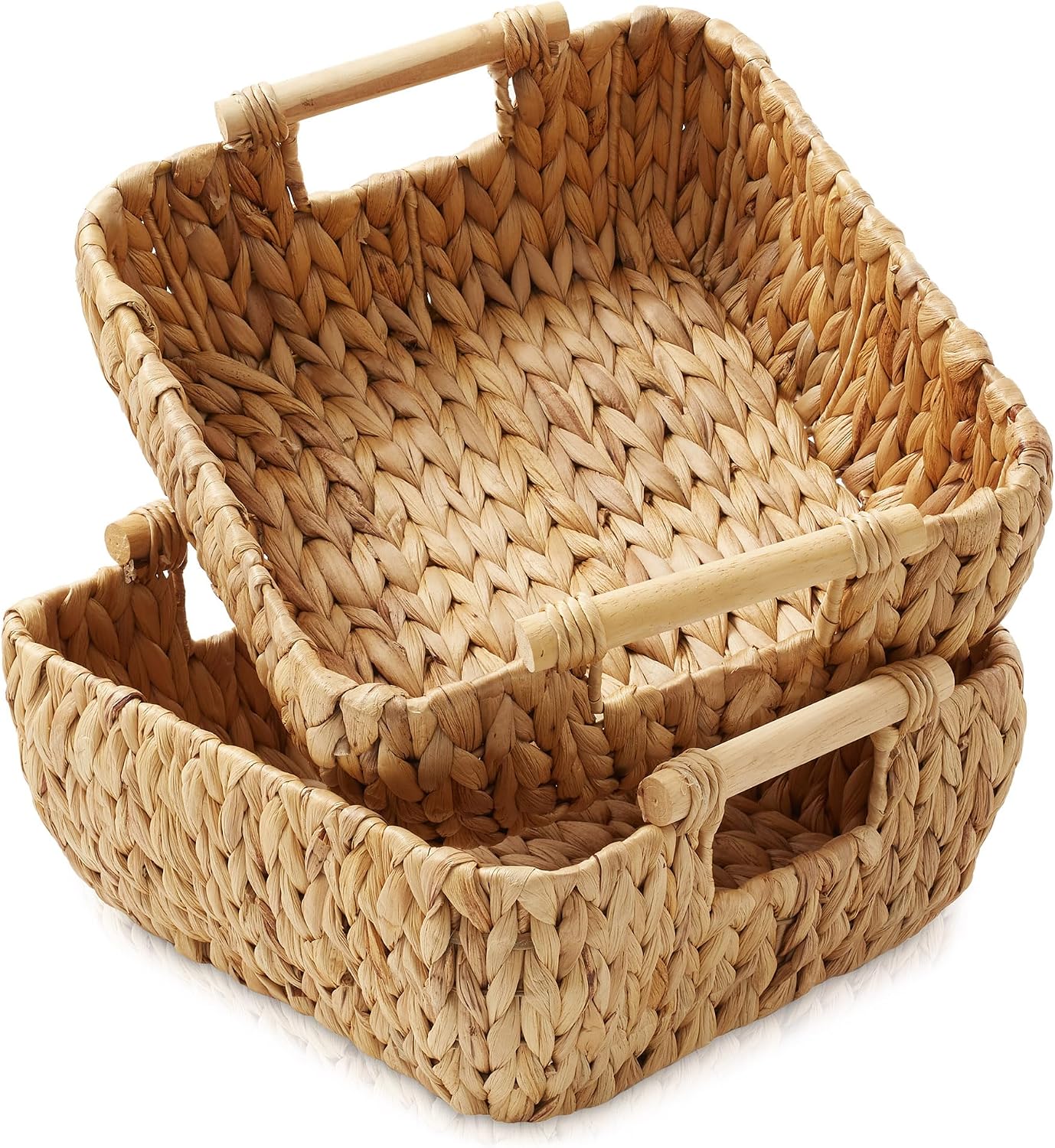 Casafield Set of 2 Water Hyacinth Oval Storage Baskets with Wooden Handles - Medium, Woven Bin Organizers