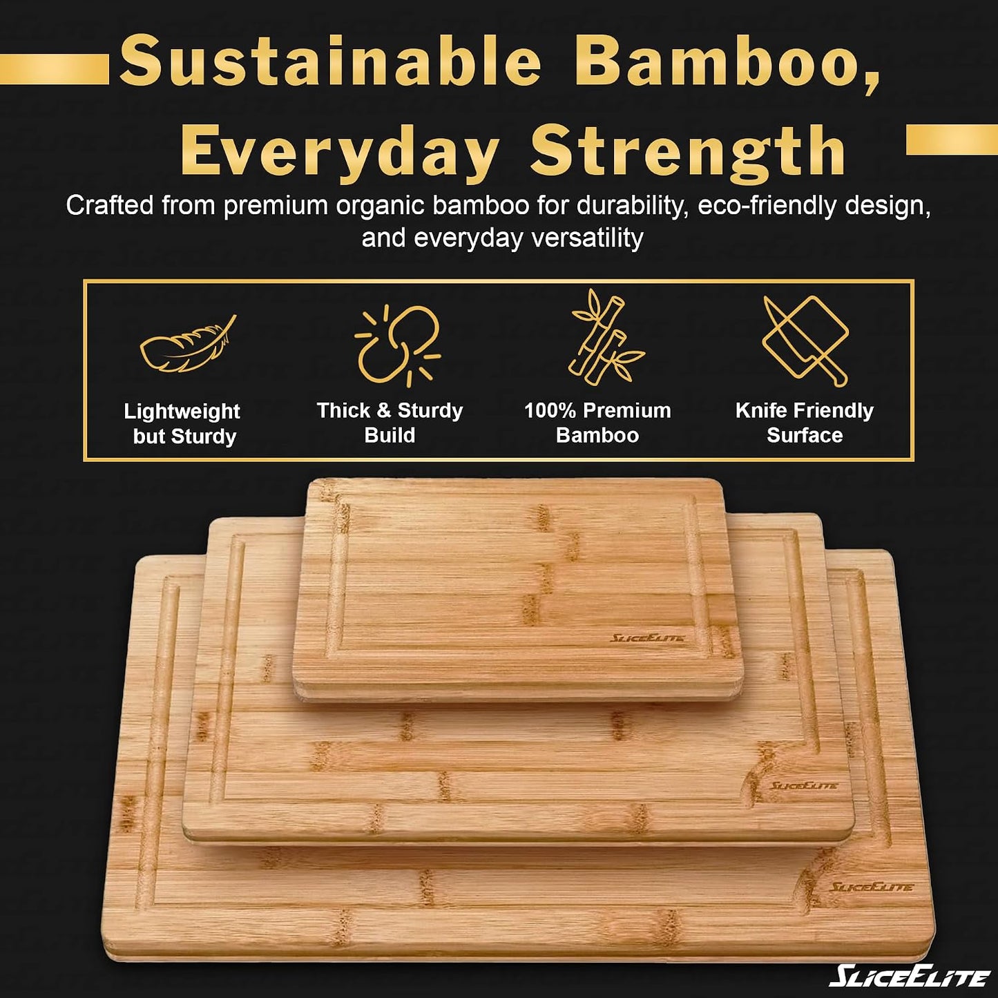 SliceElite Extra Large Bamboo Cutting Board Set 3 Piece End Grain Wooden Chopping Boards with Holder Non Slip Feet Juice Groove XL Butcher Block Style Boards for Kitchen Carving and Serving