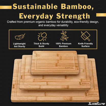 SliceElite Extra Large Bamboo Cutting Board Set 3 Piece End Grain Wooden Chopping Boards with Holder Non Slip Feet Juice Groove XL Butcher Block Style Boards for Kitchen Carving and Serving
