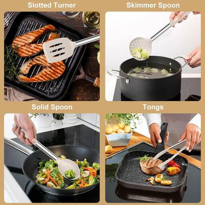 E-far Silicone Cooking Utensils Set, 7 Pcs Heat Resistant Kitchen Utensils with Stainless Steel Handle, Slotted Turner, Spoon, Soup Ladle, Pasta Server, Skimmer, Tongs for Nonstick Cookware, Black