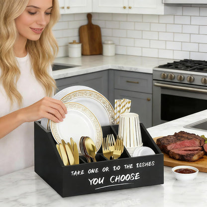 Ameuphercy Wood Paper Plate Holders for Kitchen Counter,Paper Plate Dispenser for Countertop, Rustic Silverware Utensil Caddy for Party,Wooden Plate Organizer Box for Cups Spoons and Forks