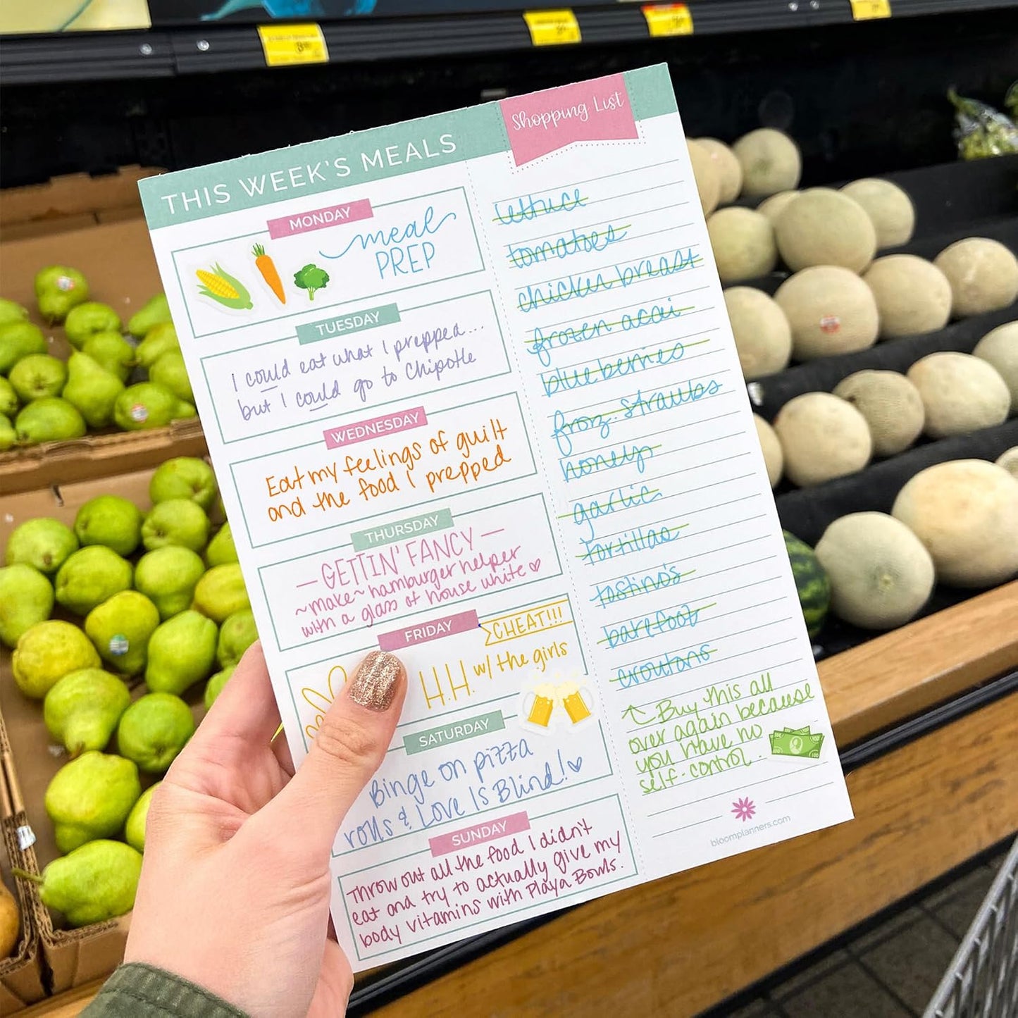 bloom daily planners Weekly Meal Planning Pad - Magnetic Hanging Refrigerator Menu Planner with Tear-Off Sheets & Perforated Grocery Shopping Lists - 6” x 9” (Grey & Pink)