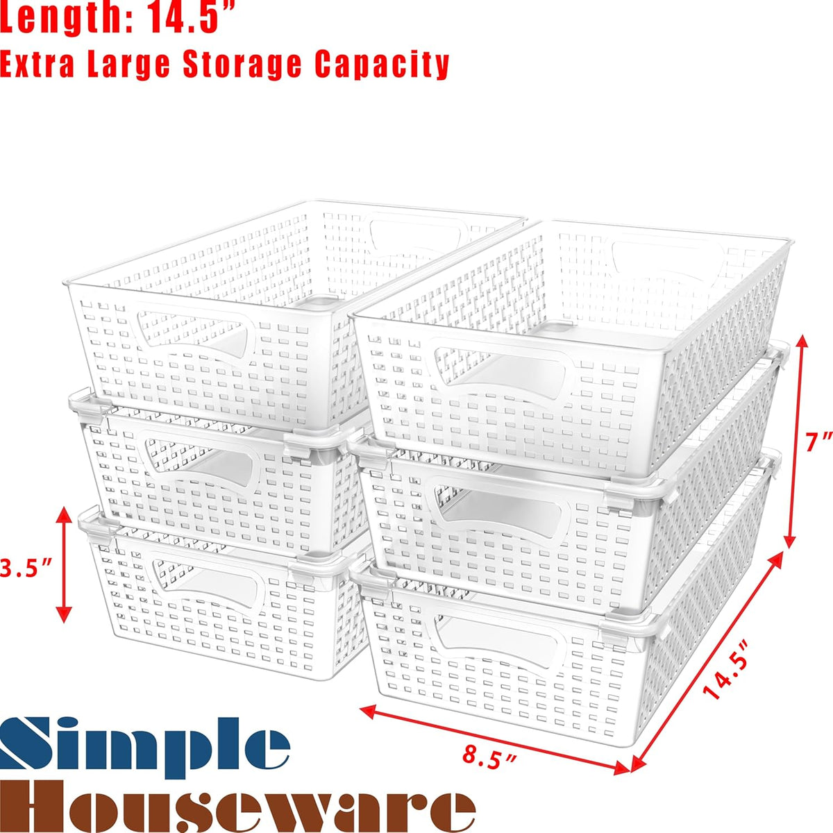 Simple Houseware Stackable Plastic Woven Basket Organizer, 6 Pack, White | 14.5" D x 8.5" W x 3.5" H