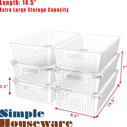 Simple Houseware Stackable Plastic Woven Basket Organizer, 6 Pack, White | 14.5" D x 8.5" W x 3.5" H