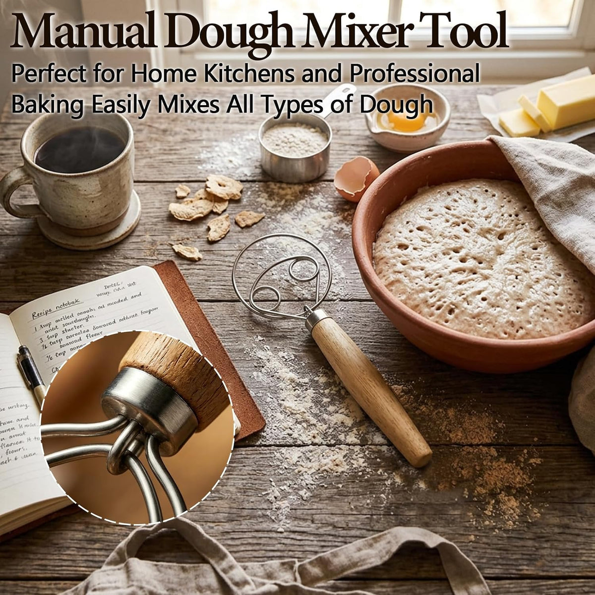 Danish Dough Whisk for Sourdough Bread, Stainless Steel with Wooden Handle, Manual Mixer Tool for No Knead Bread, Pizza and Baking