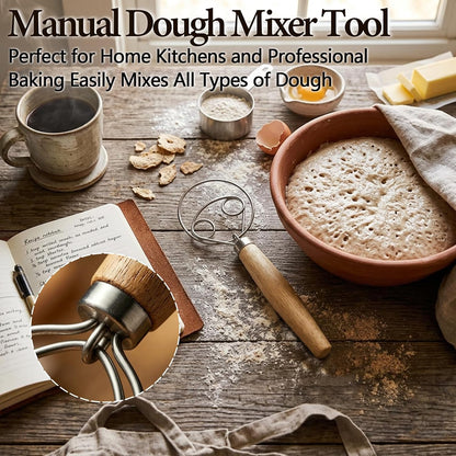 Danish Dough Whisk for Sourdough Bread, Stainless Steel with Wooden Handle, Manual Mixer Tool for No Knead Bread, Pizza and Baking