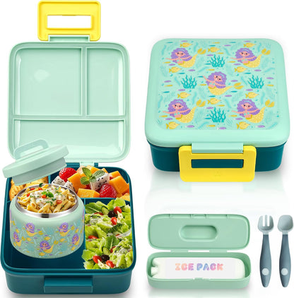 Bento Lunch Box for Kids with 8oz Soup Thermo Leak-Proof Lunch Food Containers with Snack Sauce Container for Kid Girls Boys to School (Pink Mermaid)