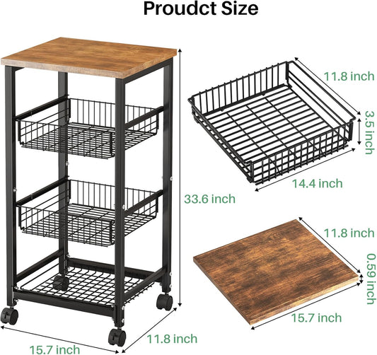 SNTD Fruit Basket Vegetable Stand for Kitchen Pantry, Pull Out Metal Wire Basket with Wood Top for Fruit Vegetable Onions Potatoes Snacks