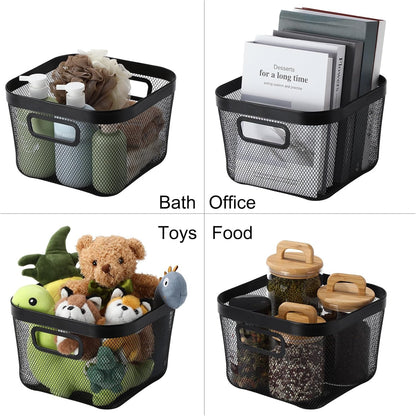 MorningRo 6 Pack Metal Mesh Basket with Hollow Handles Black Wire Storage Bin for Organizing Stackable Metal Fine Mesh Basket for Pantry Bathroom Kitchen Cabinets Shelves (Medium)