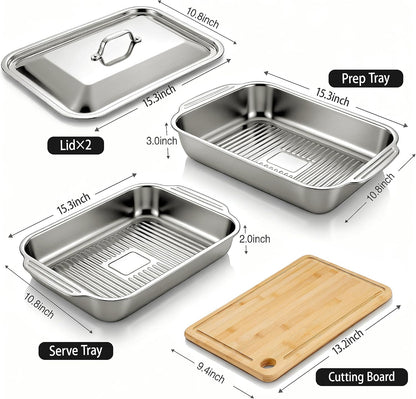 Grilling Prep and Serve Trays,Stainless Steel Large Capacity Food Prep Trays, Grill Carry System with Lid and Cutting Board, Marinade Container for Outdoor BBQ Grill Accessories, Camping Gifts for Men