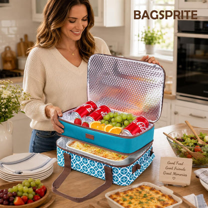 Double Layer Insulated Casserole Carrier, Fits 9" x 13" Baking Dish, Food Transport Carrier with Utensil Pocket for Hot & Cold Dishes, Reusable Potluck Tote for Thanksgiving, Parties&Family Gatherings